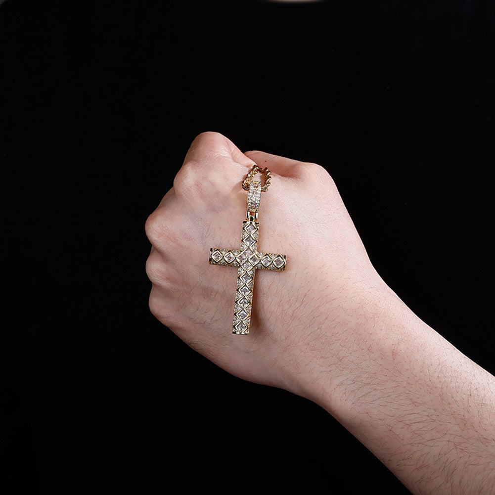 Mens Hip Hop Jagged Baguette 14k Gold 925 Silver Bling Cross pendant Chain Necklace