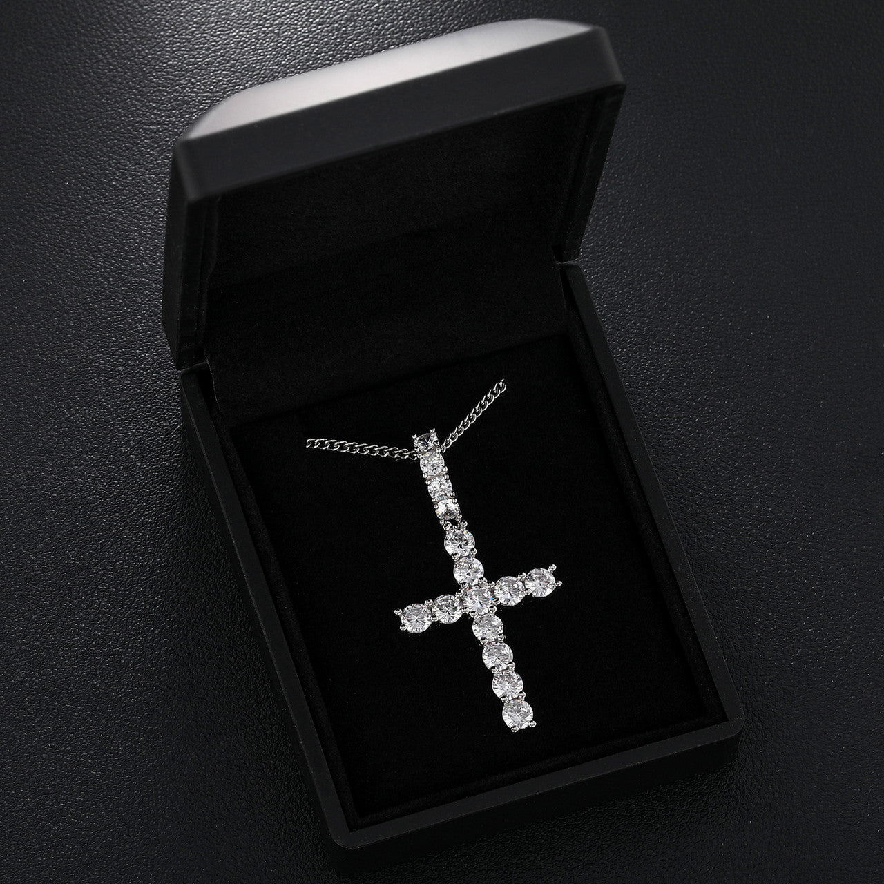 Mens Genuine Diamond Flooded Ice Cross Hip Hop Pendant Chain Necklace