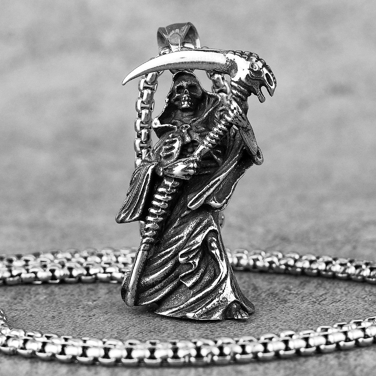 Grim Reaper No Fade Silver Stainless Steel Scythe Pendant Chain Necklace