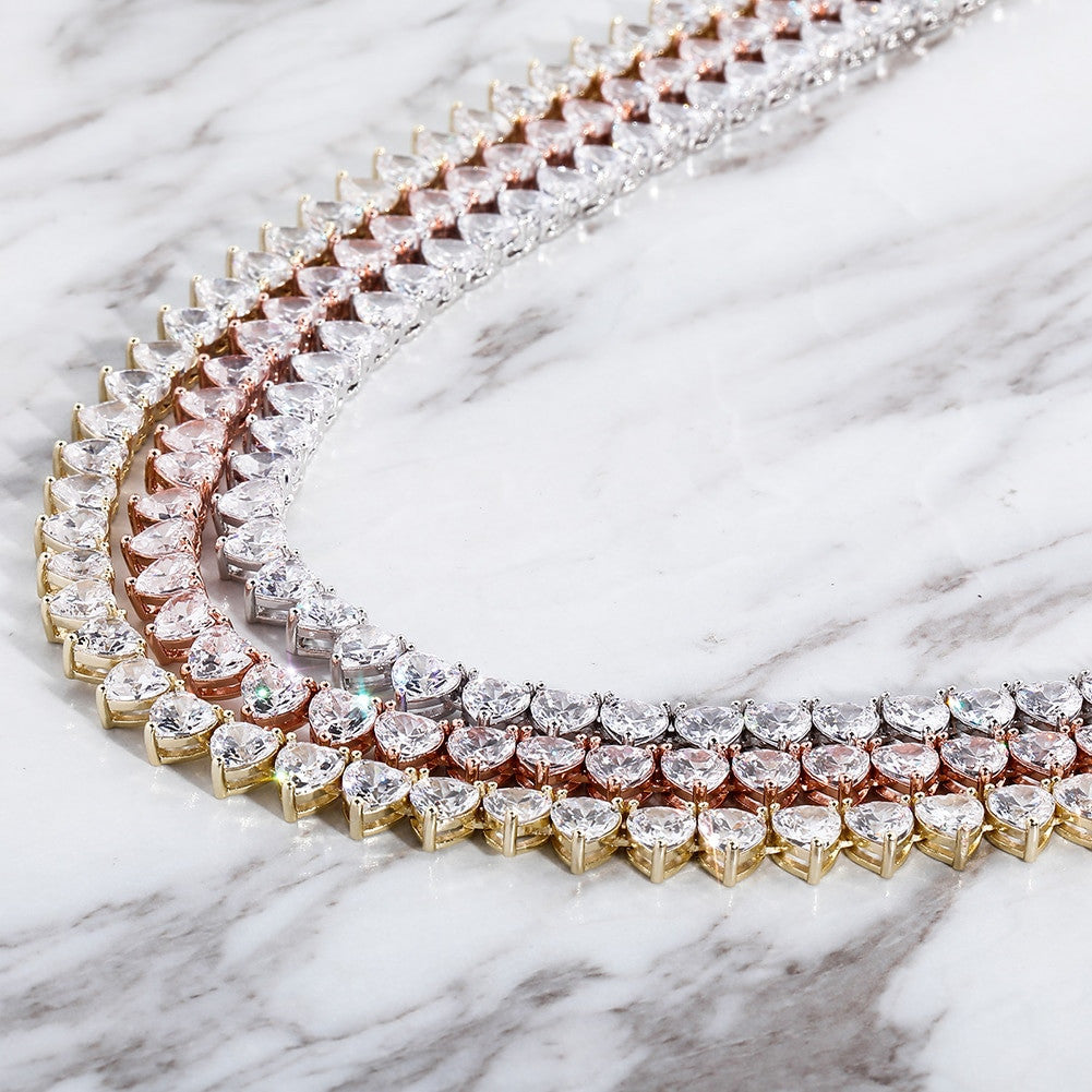 Rose Gold 14k 925 Silver Total Iced AAA Heart Shaped Prong Set Tennis Chain Necklace