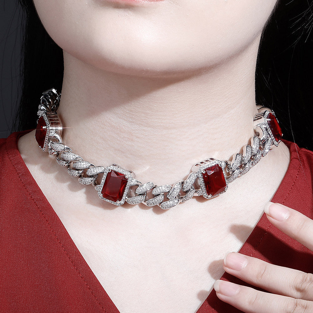 Ladies 13mm Micro Pave 6 Color Gemstone Hip Hop Miami Cuban Link Chain Necklace