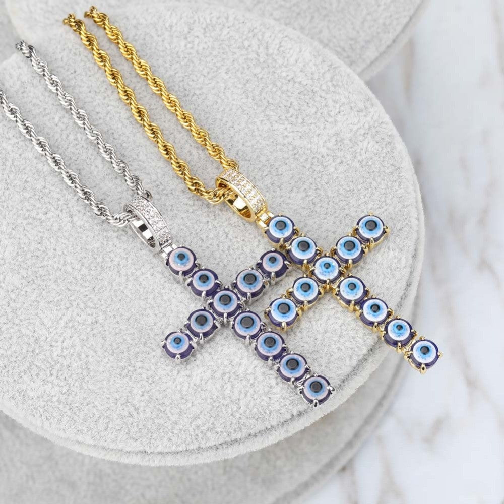 Persian Blue Eye 14k Gold Silver Hip Hop Cross Pendant