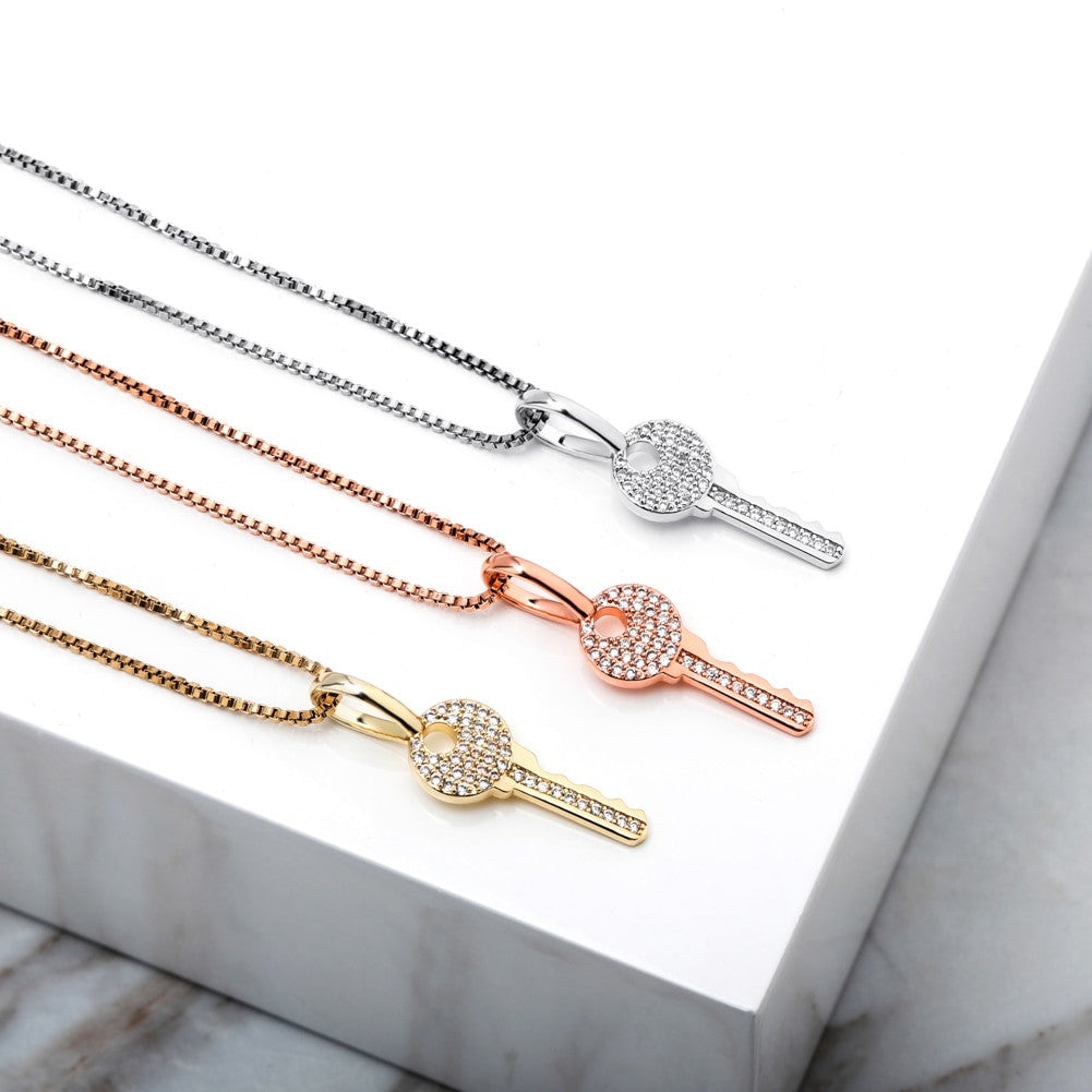 Ladies 925 Sterling Silver Souls Key Pendant Iced Chain Necklace