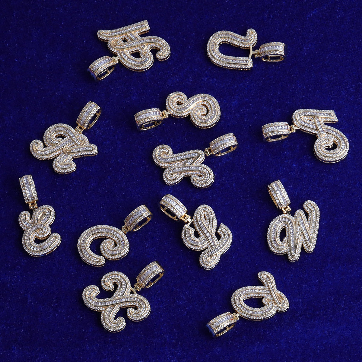 Street Melody | White Yellow Gold Iced Cursive Initial Letter Baguette Pendant Chain