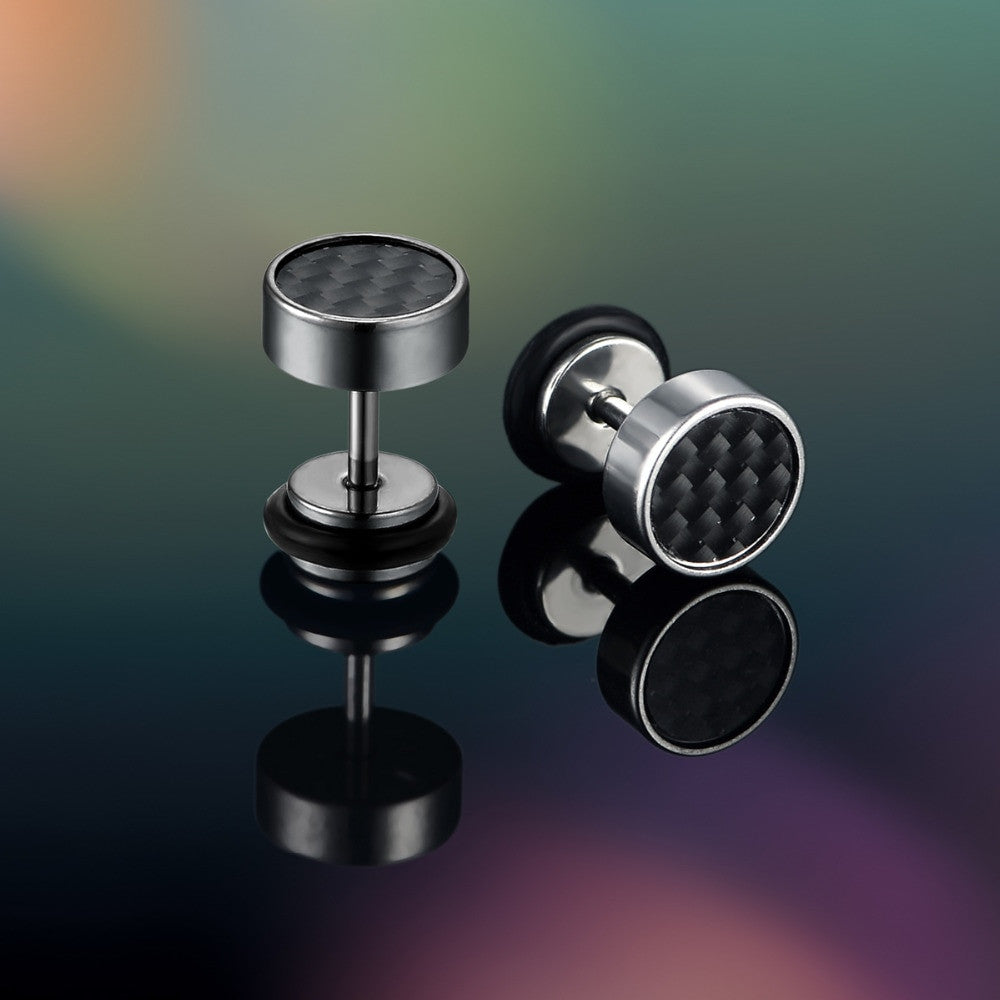 Stainless Steel Illusion Carbon Fiber Tunnel Plug Gold Silver Black Stud Screw Back Earrings