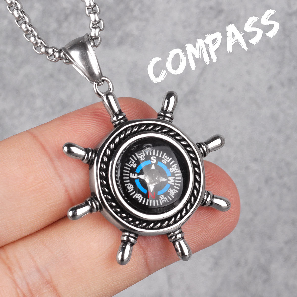 Mens No Fade Stainless Steel Captains Wheel Compass Street Wear Pendant Chain