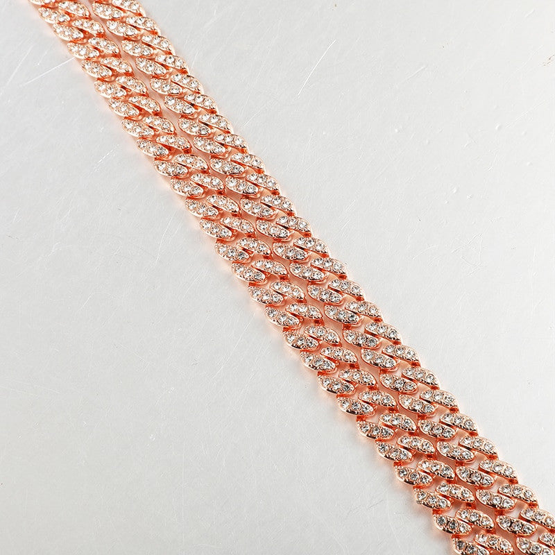 Hip Hop AAA Bling 8MM Prong Set Miami Cuban Link 14k Rose Gold Silver Bling Chain Necklace