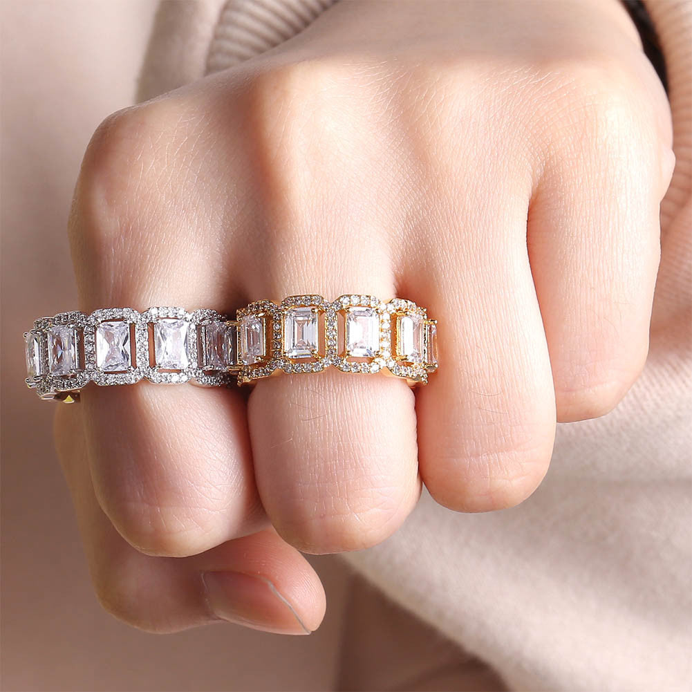 Flooded Ice White Yellow Gold Four Prong Baguette Claw Street Wear Bling Rings