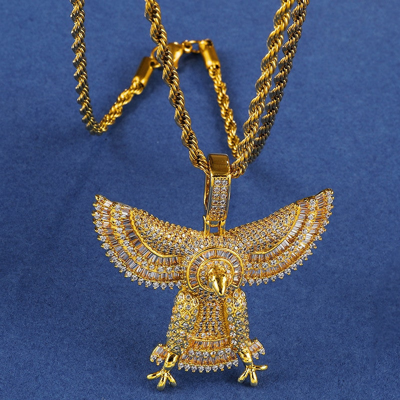 18k Gold .925 Silver Soaring Hunting Spread Wings Eagle Bling Pendant Chain Necklace