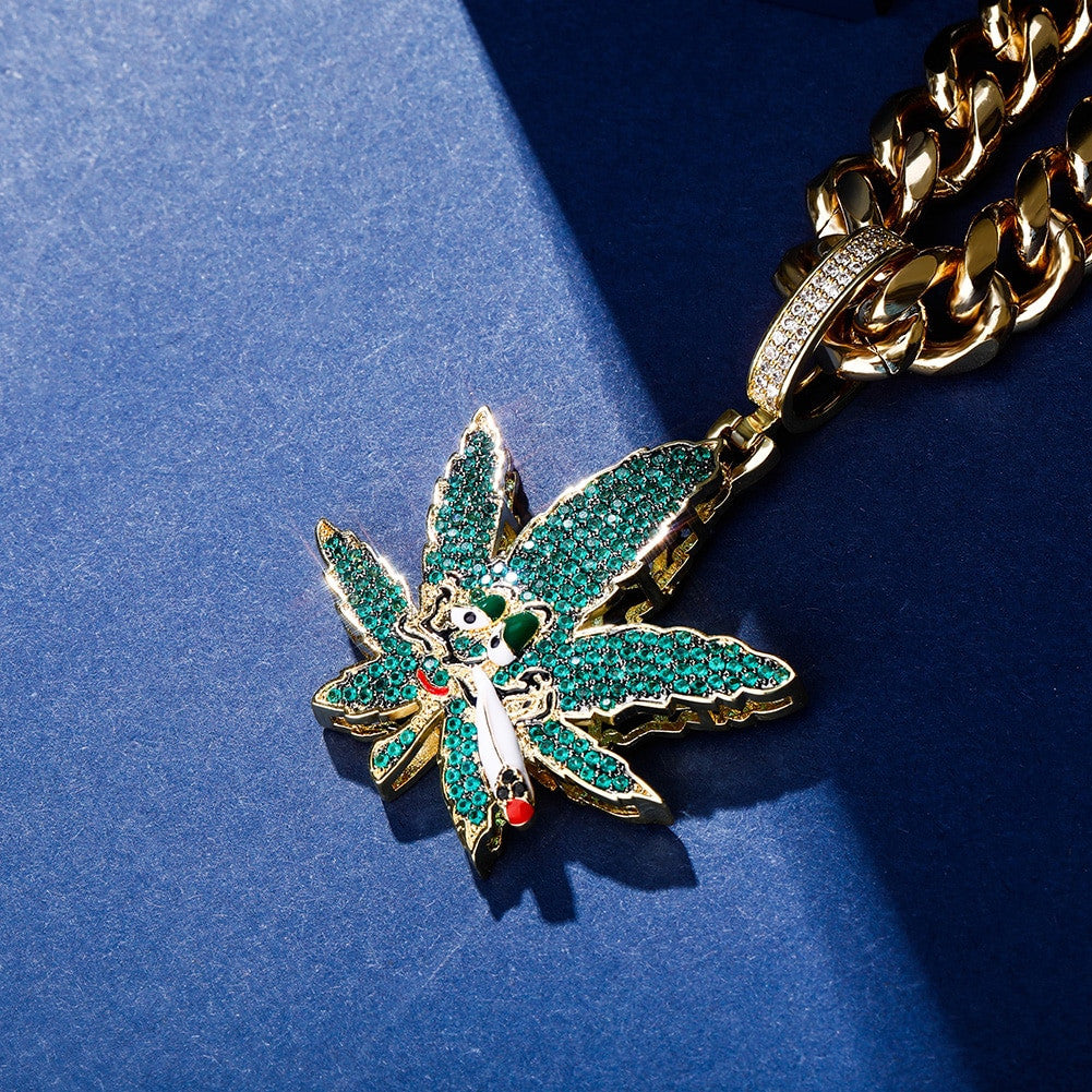 Flooded Ice Green Smoking Leaf Hip Hop Weed Pendant Bling Chain Necklace