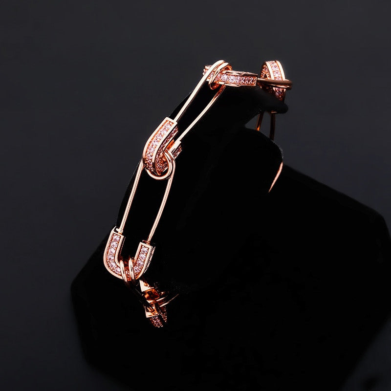 14k Gold .925 Silver Rose Gold AAA Micro Pave Safety Pin Hip Hop Bracelet