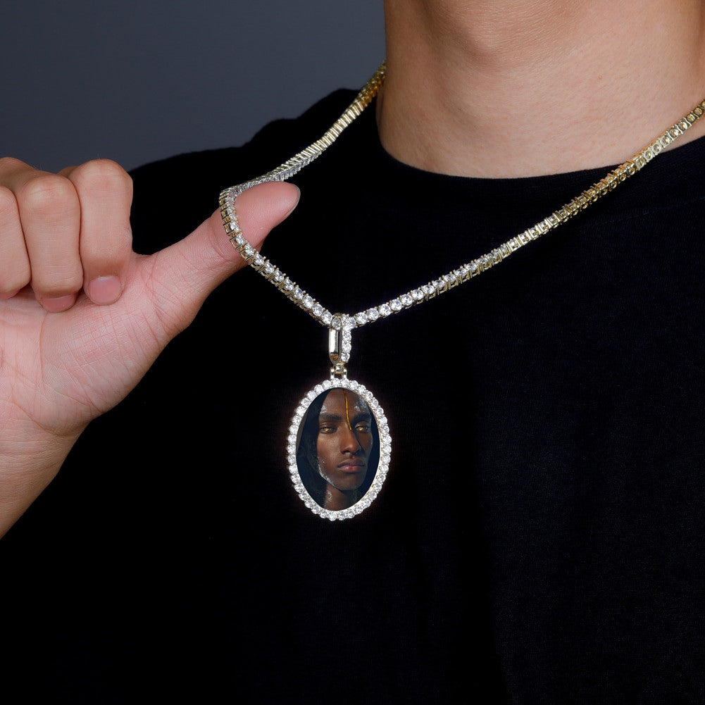 Flooded Iced Oval Custom Photo Picture Selfie Hip Hop Pendant Chain Necklace