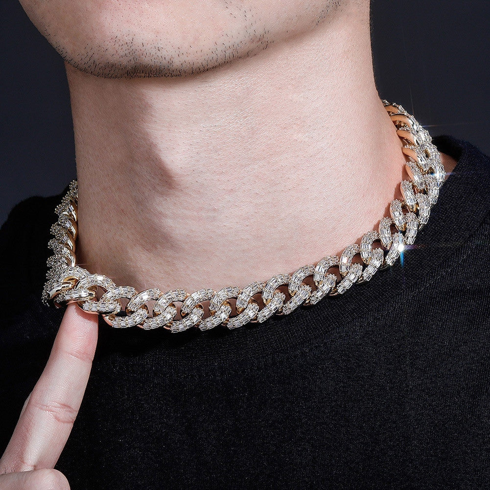 Hip Hop 16mm Miami Cuban Flooded Ice Baguette Micro Pave Set Chain Necklace