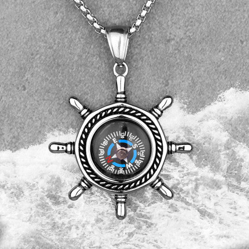 Mens No Fade Stainless Steel Captains Wheel Compass Street Wear Pendant Chain