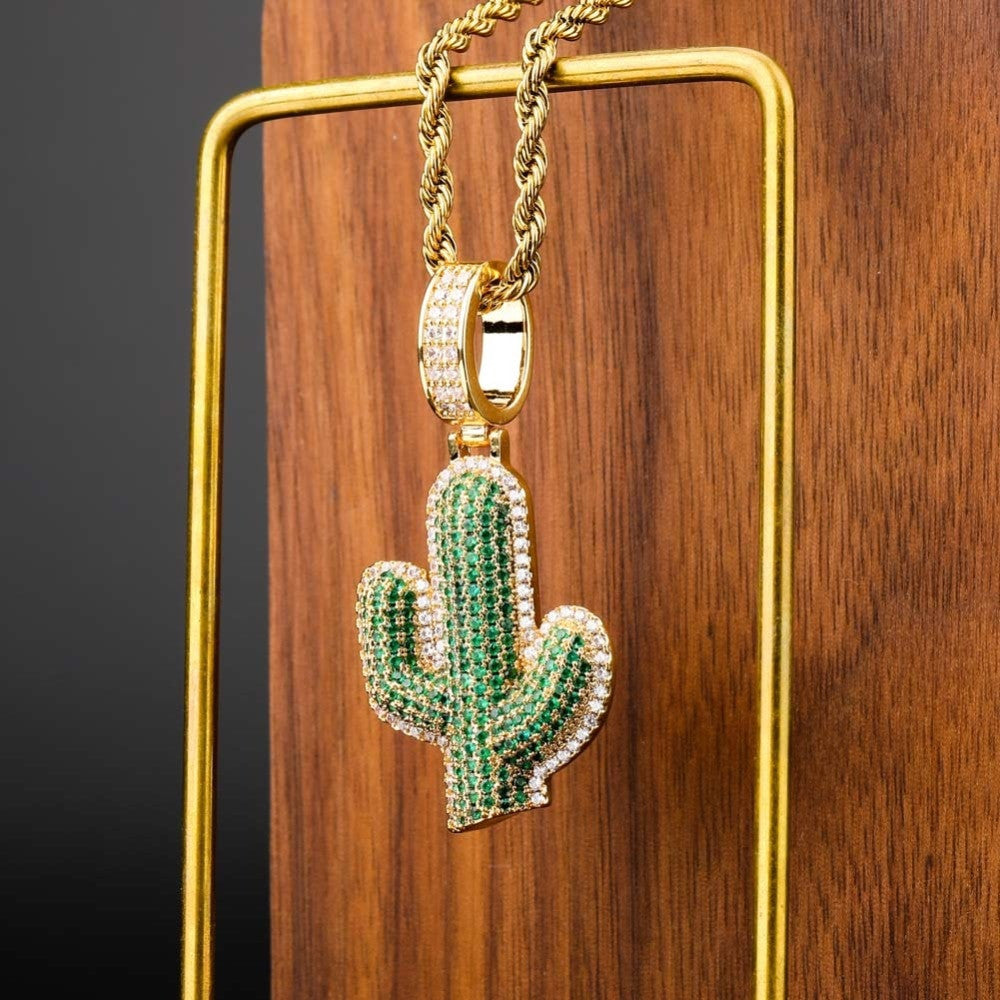 18k Gold 925 Silver Hip Hop Green Cactus Bling Pendant Chain Necklace