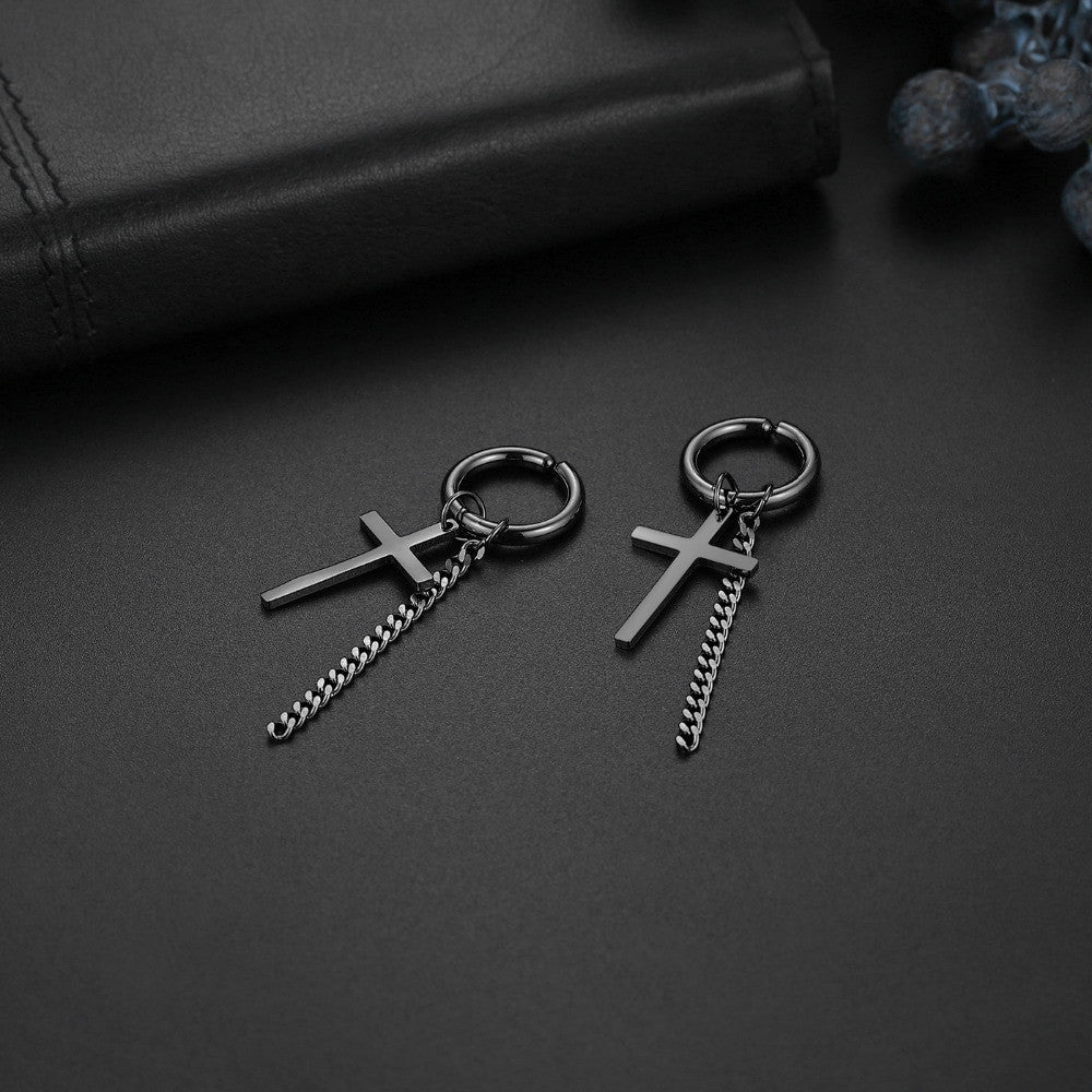 14k Gold Silver Black Cross Chain Hoop Stainless Steel Non Pierced Clamp Bling Earrings