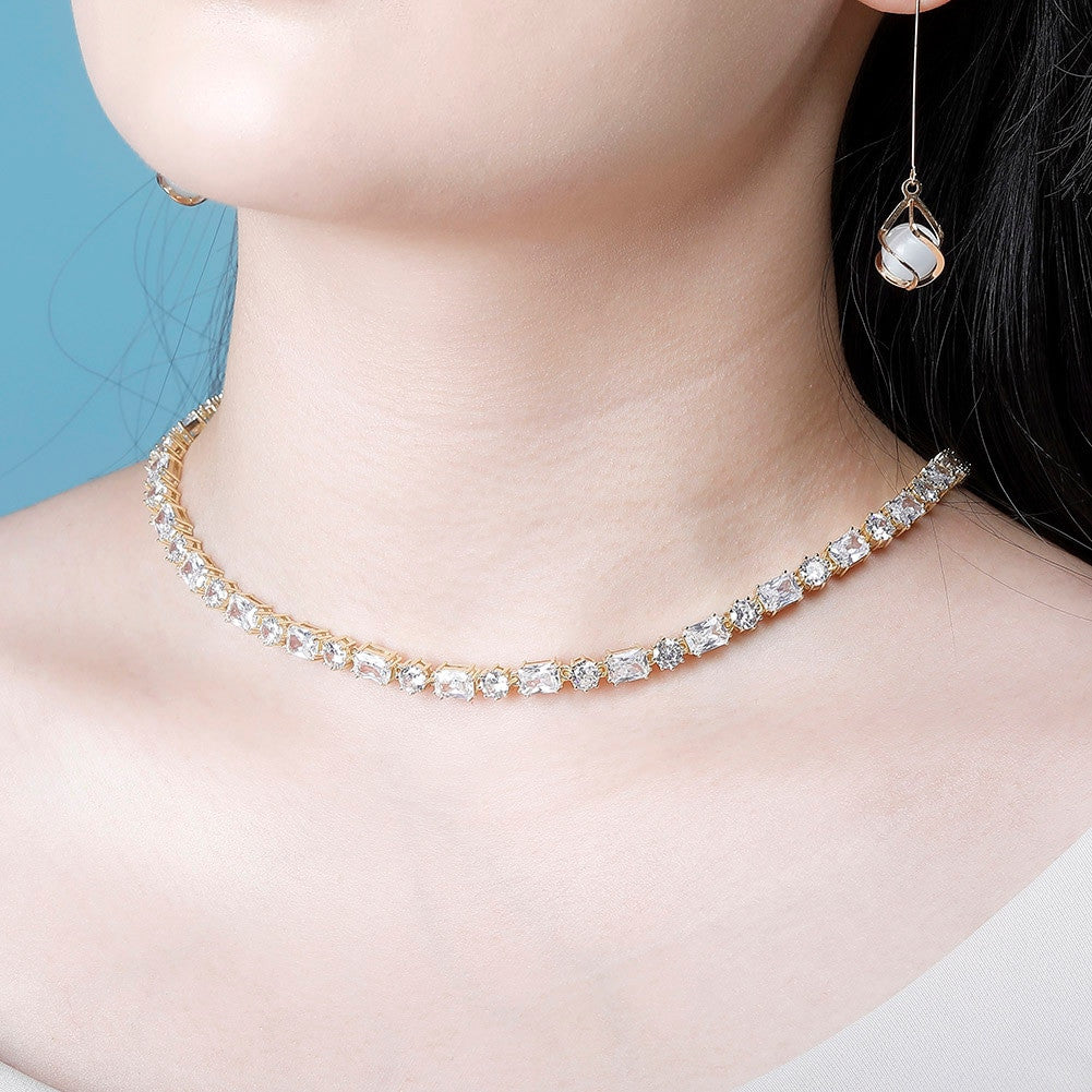 Ladies Bling 6mm Choker Style Round Princess Cut Handset Stone Chain Necklace