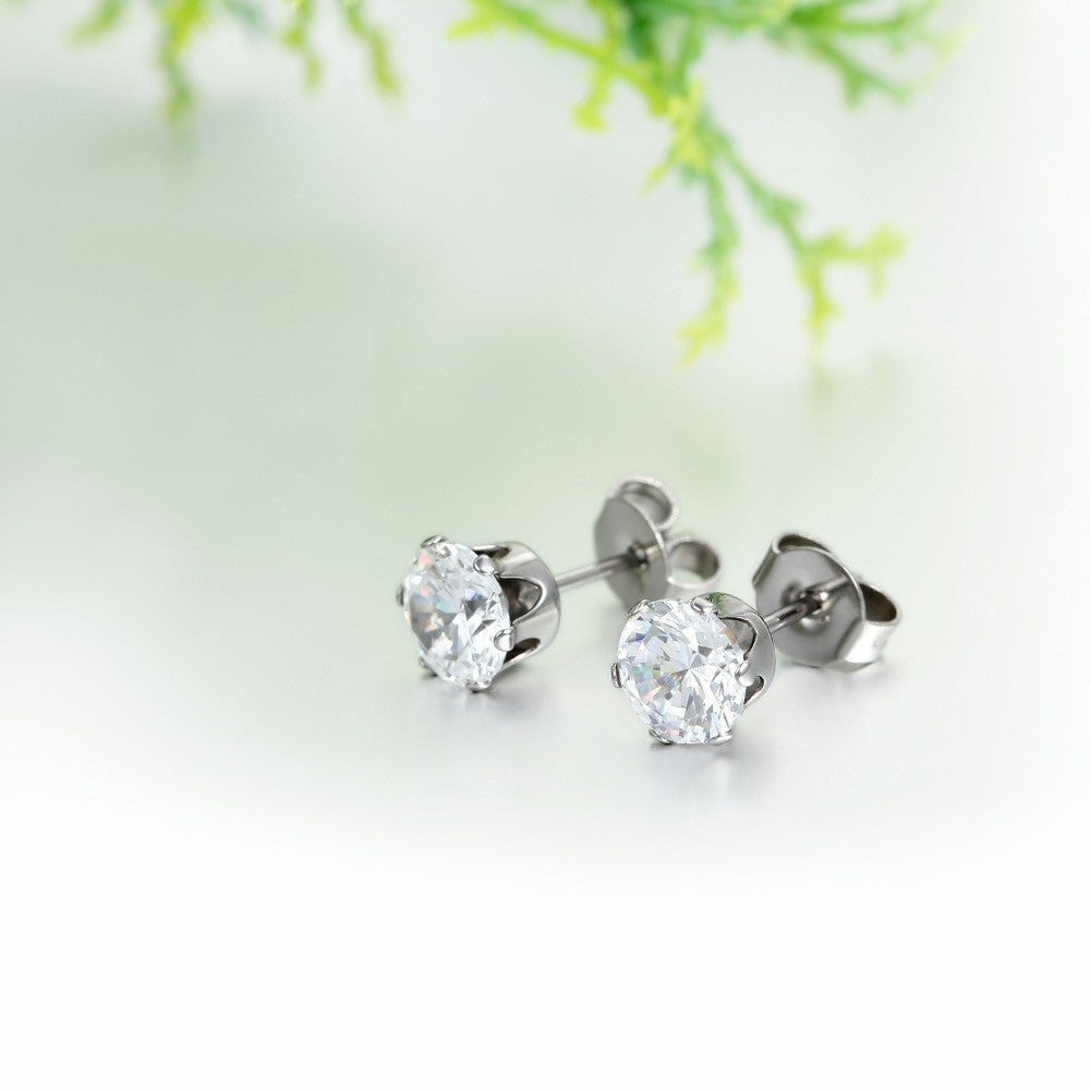 3mm - 8mm Classic Cut Round Cubic Zirconia No Fade Stainless Steel Stud Bling Bling Earrings