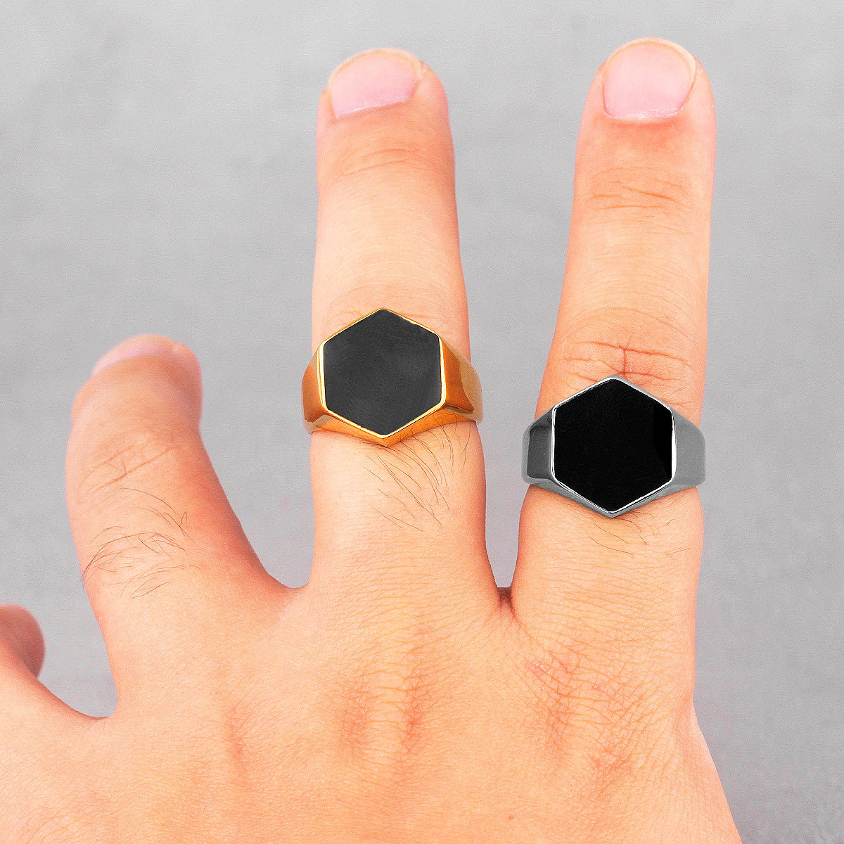 Black Gem | 14k Gold Over Stainless Steel Hexagon Gemstone Luxury Ring