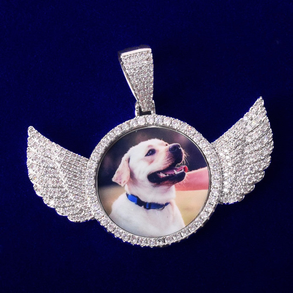 Flooded Ice Angel Wings Solid Back Custom Photo Picture Pendant Chain Necklace
