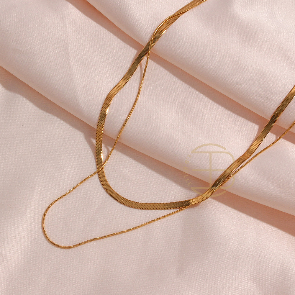 Stainless Steel Layered In 18k Gold Waterproof Double Layered Herringbone Necklace
