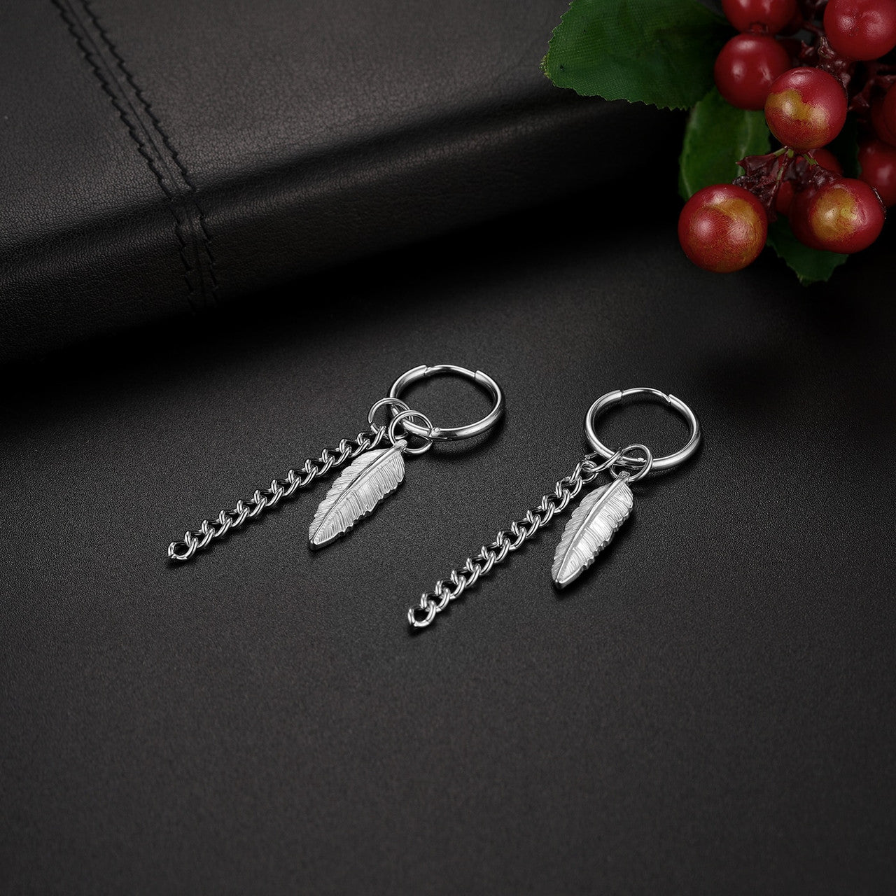 Black 14k Gold Silver over Stainless Steel Tribal Feather Leaf Earrings