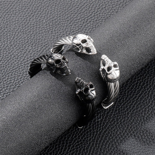 SkullFlex | Mens Double Layer Skull Cable Bangle Stainless Steel Bracelet