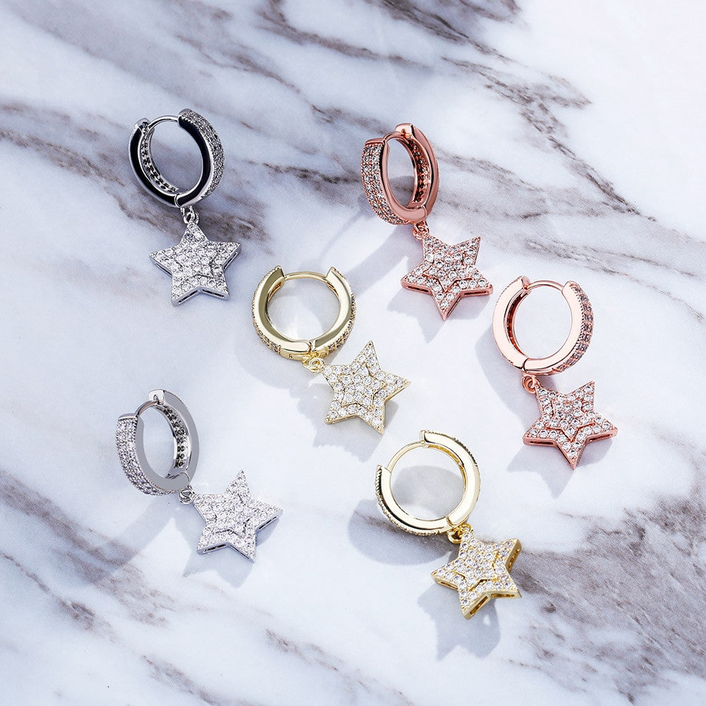 Retro Huggie Star | Hip Hop 5 Point Huggie 18k Gold Rose Gold 925 Silver Bling Earrings