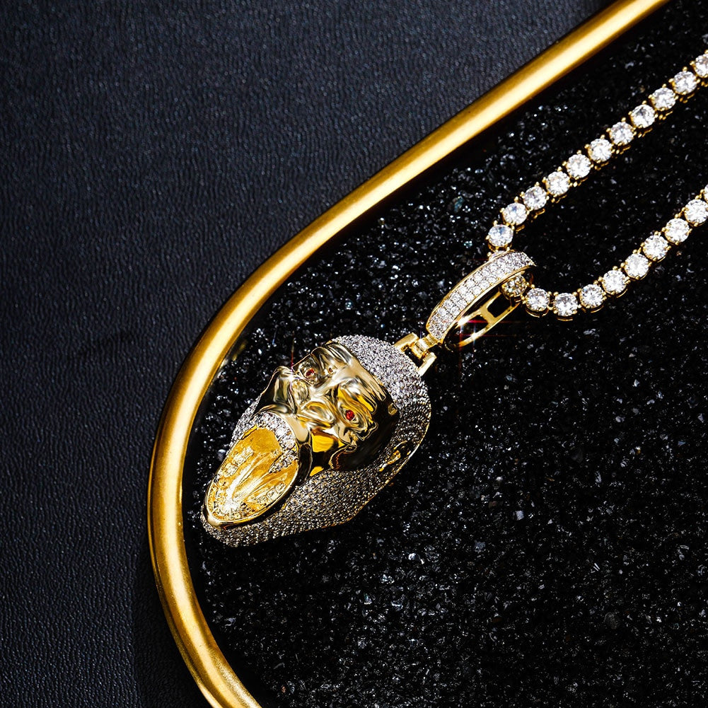 Flooded Ice Bling 14k Gold Gorilla Jungle Skull Hip Hop Pendant Chain Necklace