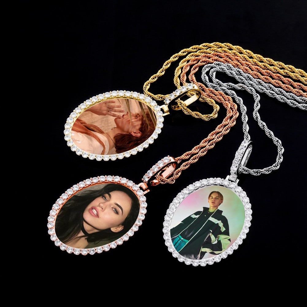 Flooded Iced Oval Custom Photo Picture Selfie Hip Hop Pendant Chain Necklace