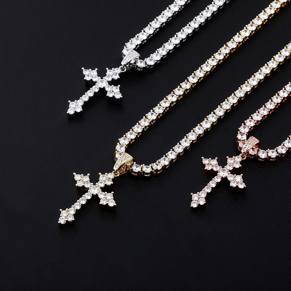 Rose Gold 14k 925 Silver All Ice Hip Hop Arrow Cross Bling Pendant Chain Necklace