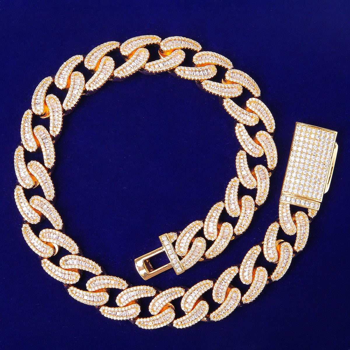 Total Ice White Yellow Gold 18mm Baguette Solid Back Cuban Link Hip Hop Chain Necklaces
