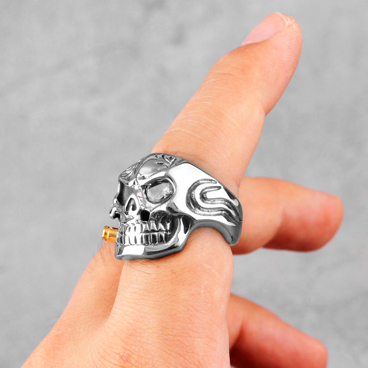 The General | 14k Gold over Stainless Steel Smoking Soldier Skull Biker Ring