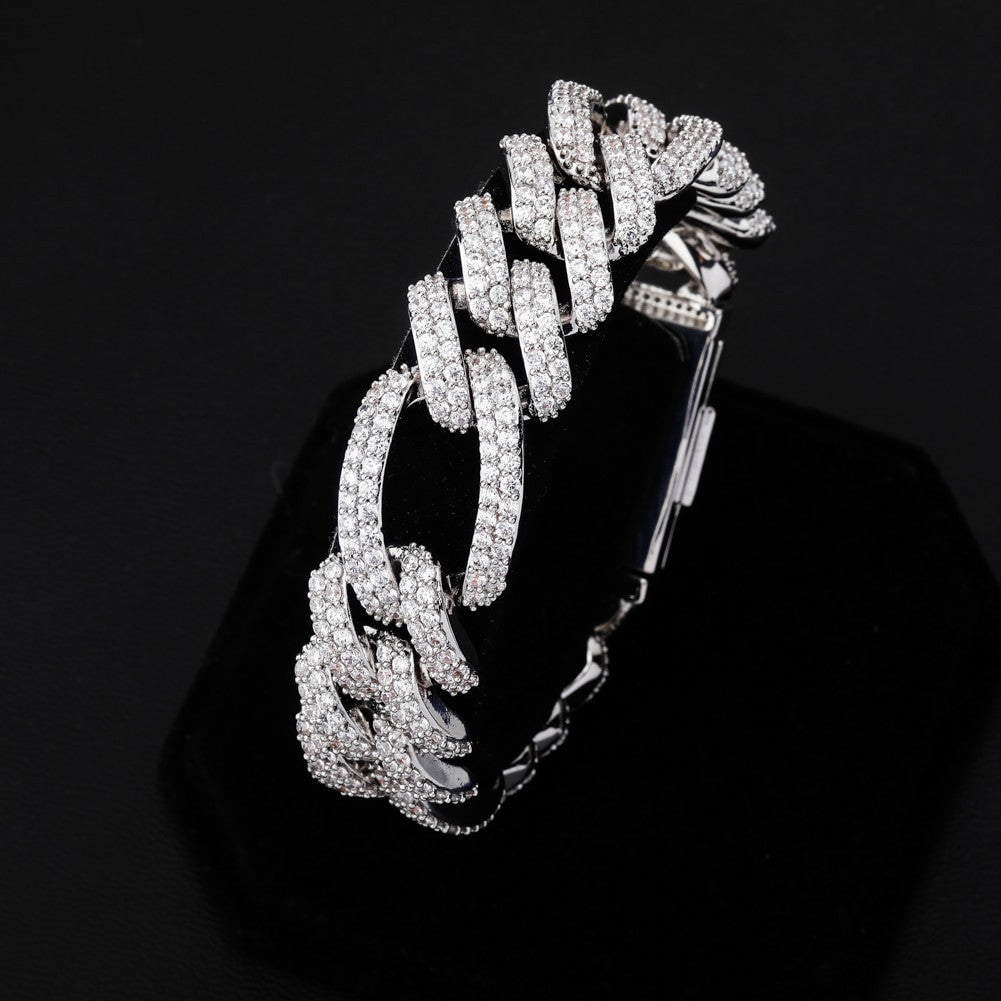 18mm Flooded Ice Three Link Figaro 14k Gold .925 Silver Hip Hop Bracelet