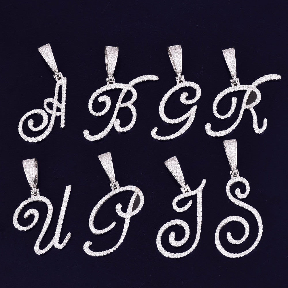 Cursive Letters Flooded Ice True Micro Pave Hip Hop Custom Letter Pendant Chain Necklace