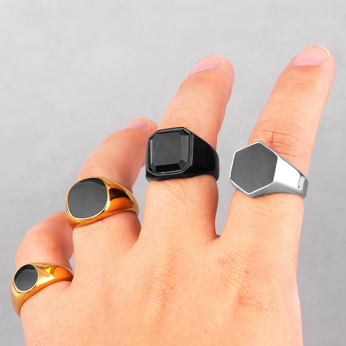 Black Gem | 14k Gold Over Stainless Steel Hexagon Gemstone Luxury Ring