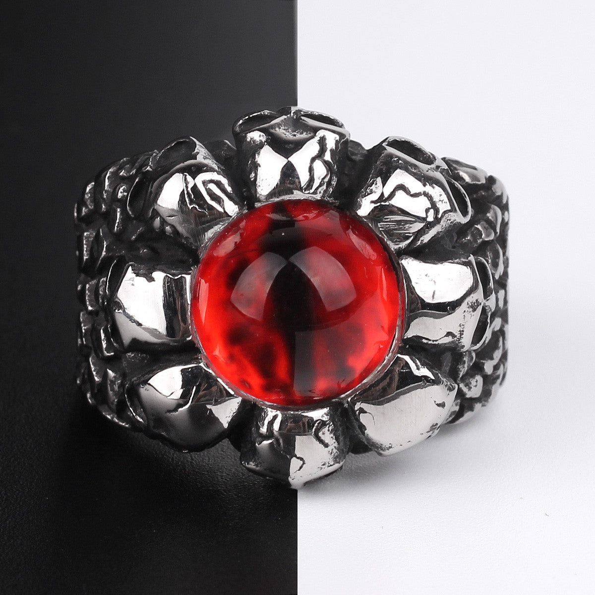 Men's Solid No Fade 316L Stainless Steel Red Devils Eye Skulls Street Wear Rings