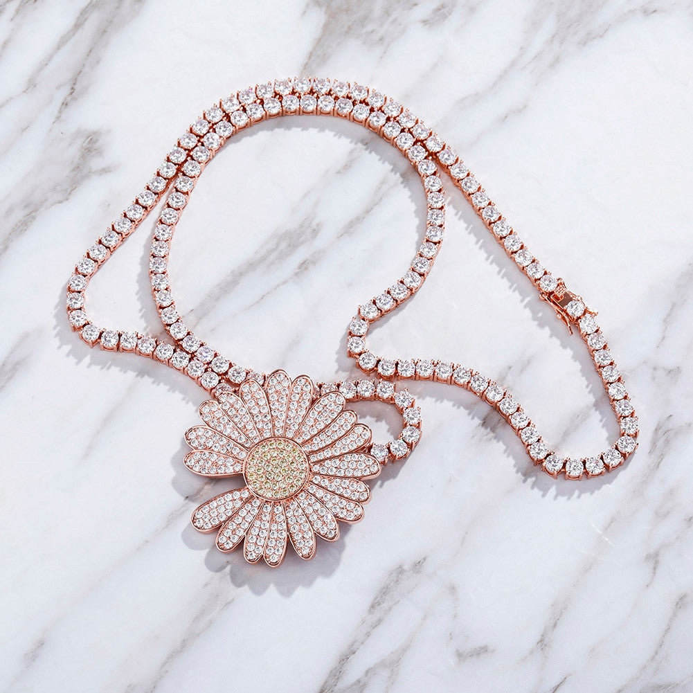 BlingJewelz Plucked Daisy 14k Rose Gold 925 Silver Bling Bling Fashion Iced Necklace
