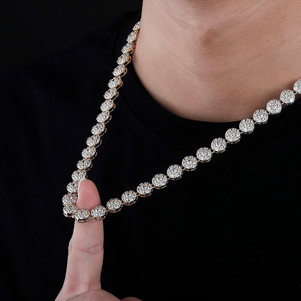Mens Hip Hop 10mm Round Cluster 14k Gold 925 Flooded Ice Chain Necklace