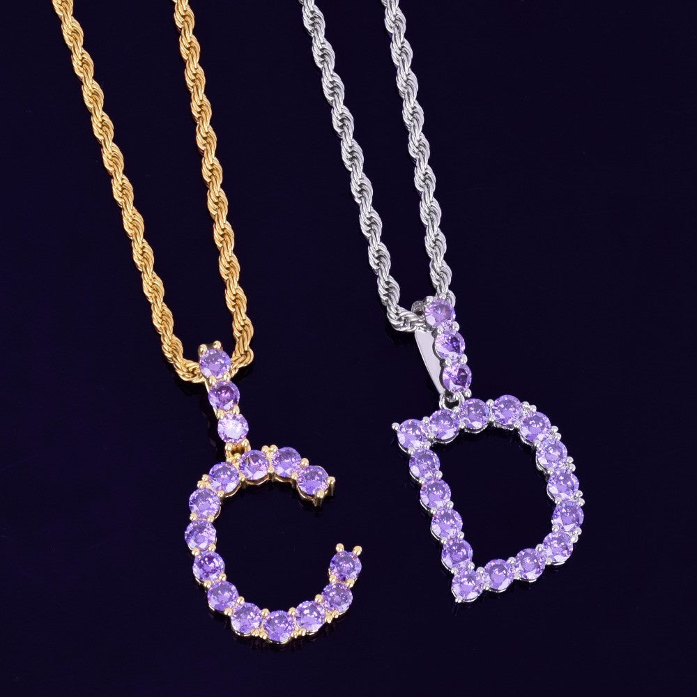 Iced Purple Candy Stone Lab Diamond Tennis Letters Pendant Chain Necklace