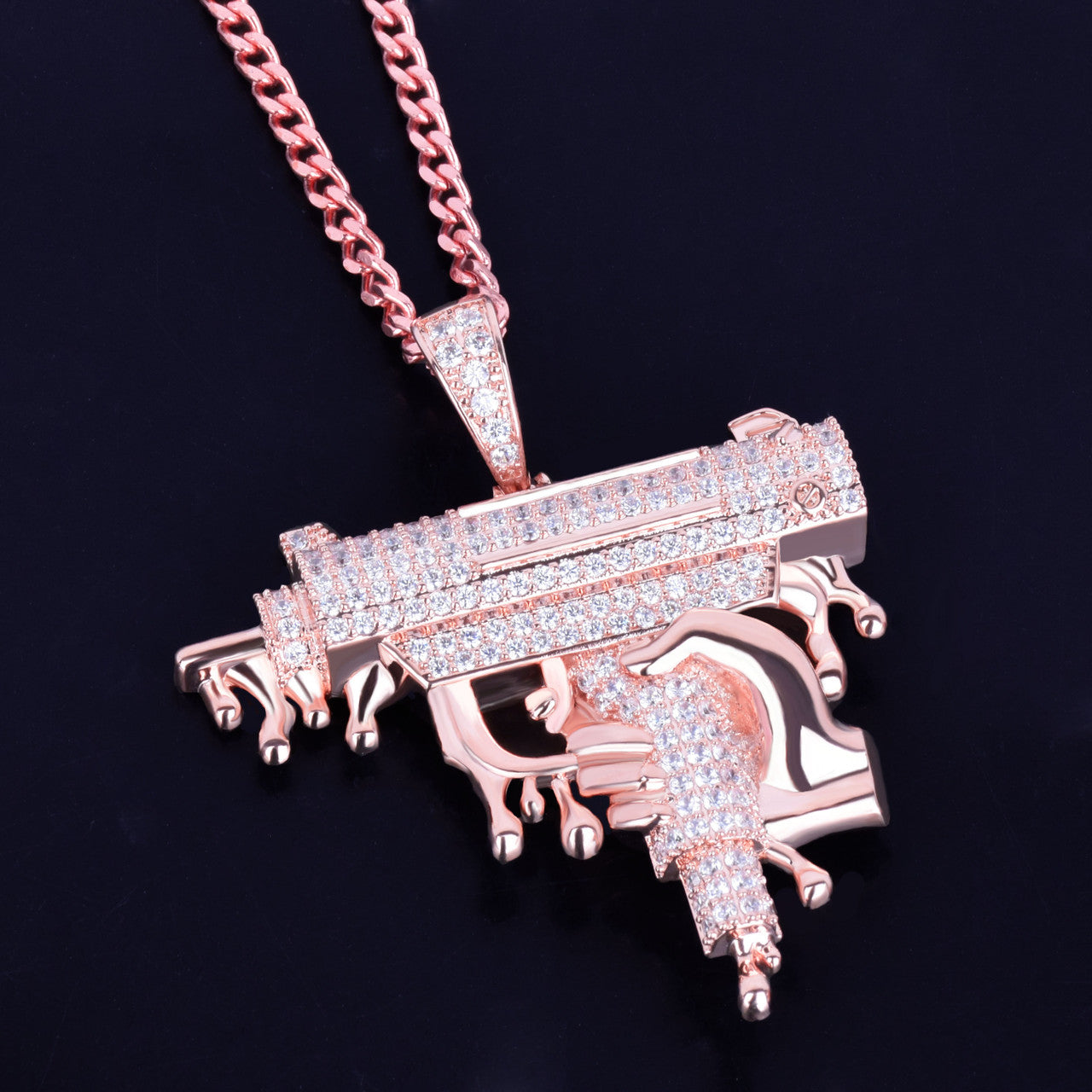 18k Rose Gold .925 Silver Hand Holding Dripping Uzi Machine Gun Hip Hop Micro Pave Pendant