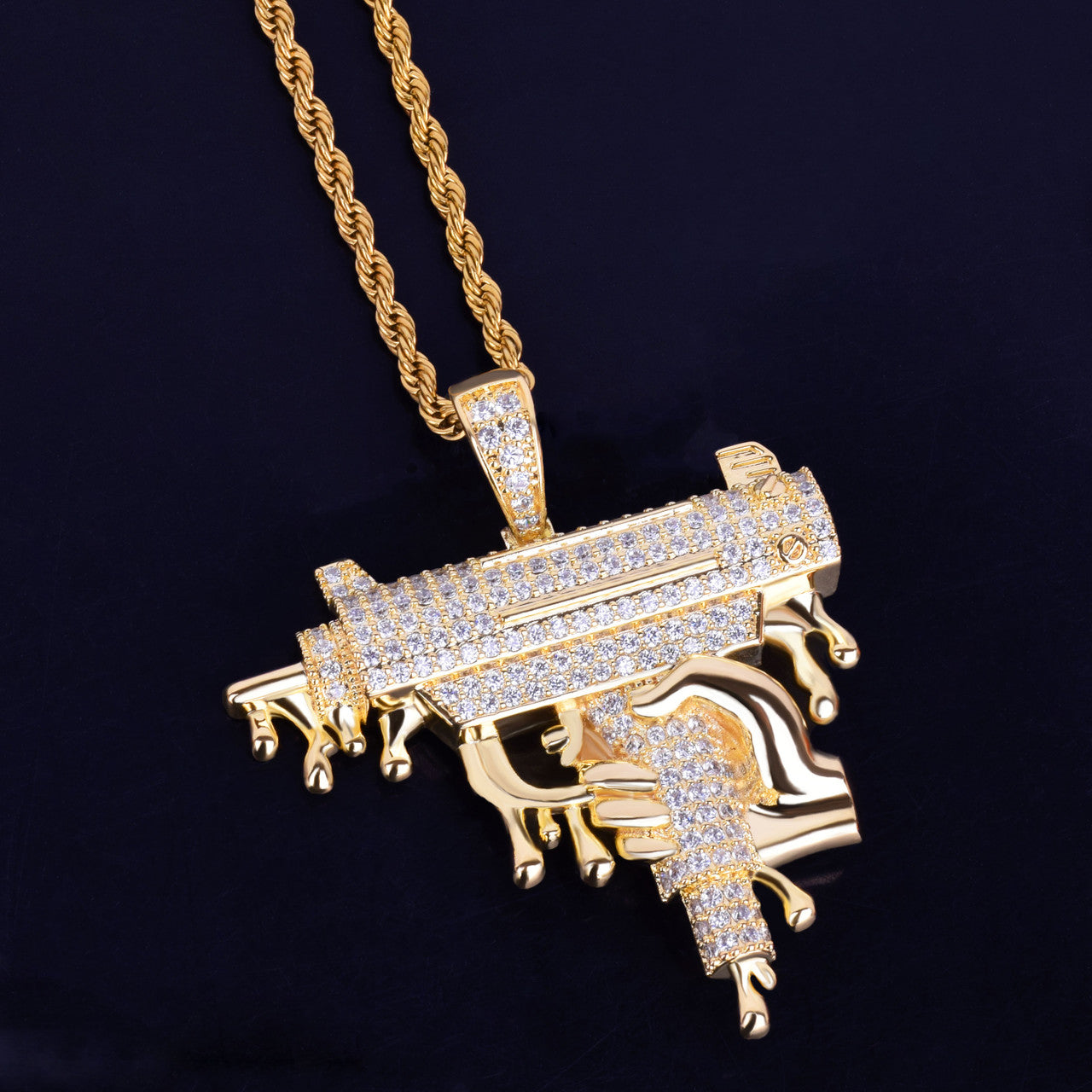 18k Rose Gold .925 Silver Hand Holding Dripping Uzi Machine Gun Hip Hop Micro Pave Pendant