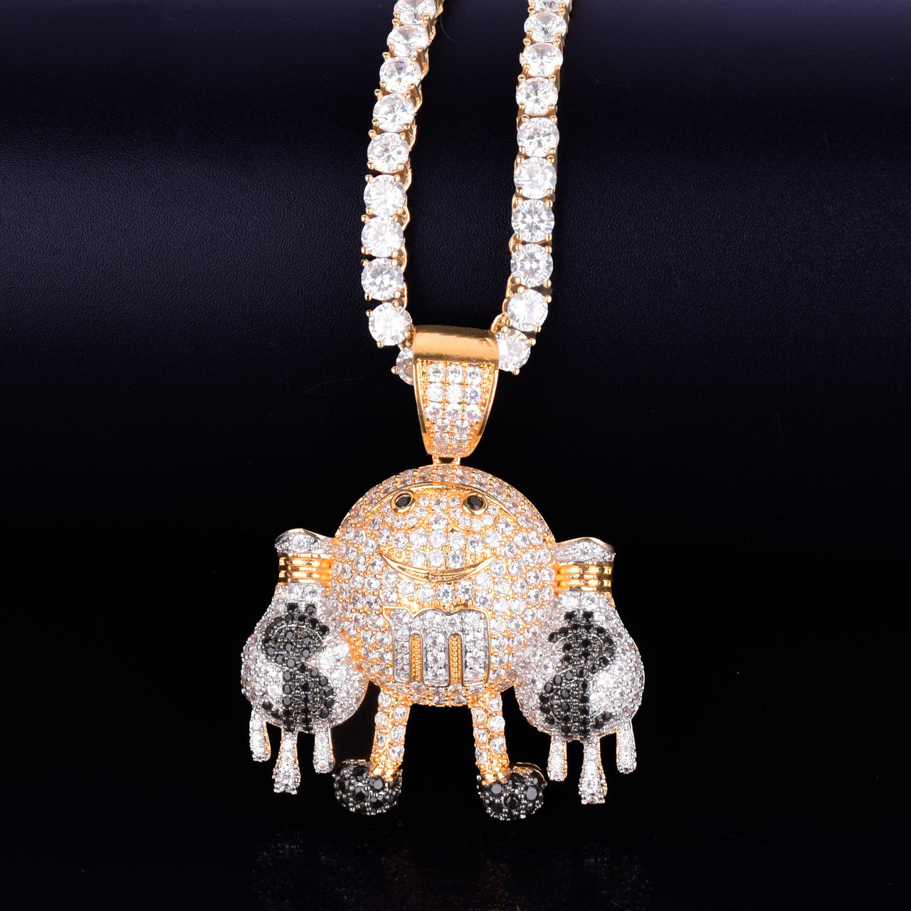 M & M Drip Hold Money Bag 18k Gold Hip Hop AAA Micro Pave Stone Bling Pendant