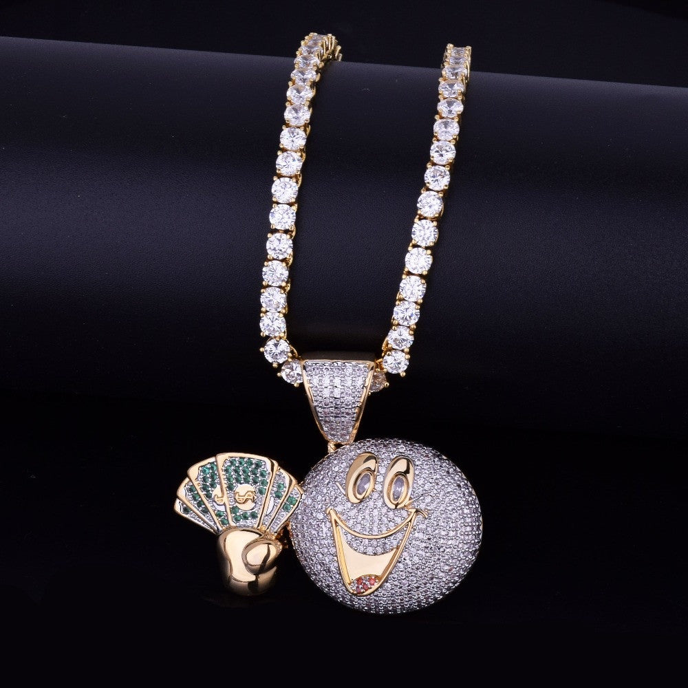 18k Gold .925 Silver Smiling Hip Hop Cash Money Man Emoji Face Pendant Chain Necklace