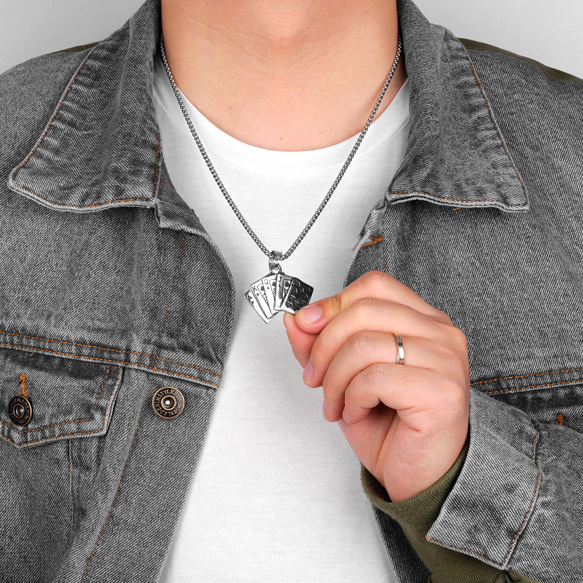316L No Fade Stainless Steel Straight Flush Poker Hand Street Wear Pendant Chain
