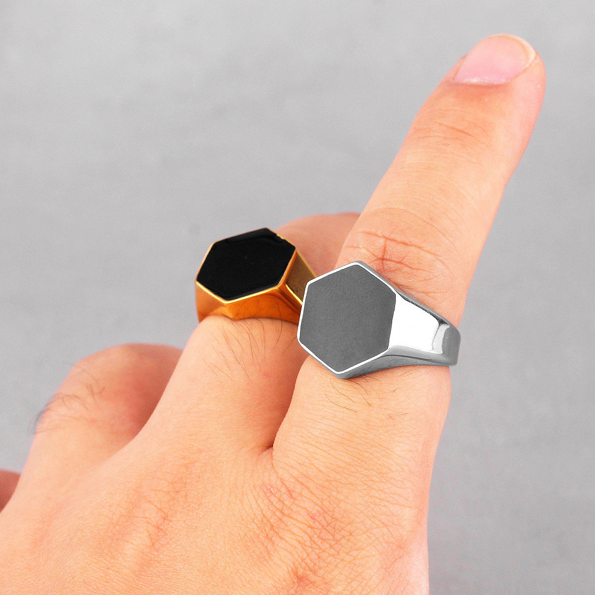 Black Gem | 14k Gold Over Stainless Steel Hexagon Gemstone Luxury Ring