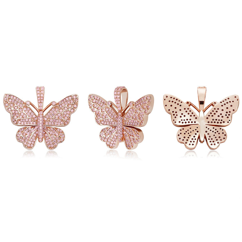 Ladies Bling Bling AAA Micro Pave 14k 925 Rose Gold Hip Hop Butterfly Pendant Necklace