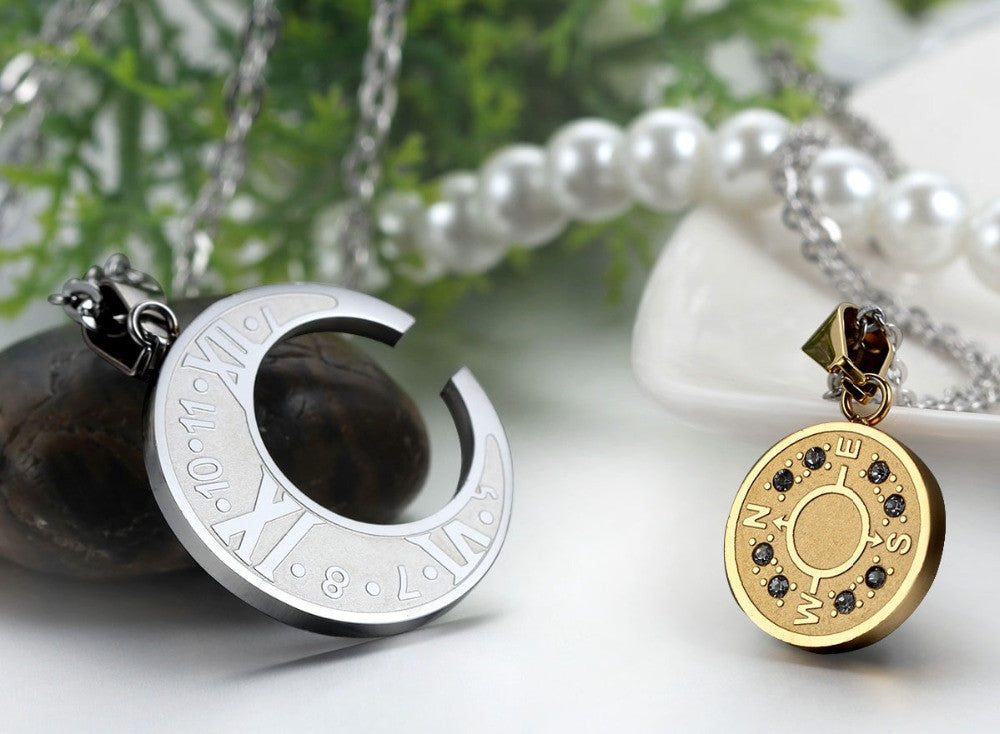 Couples Lovers No Fade Stainless Steel Eternal Love Compass Bling Bling Pendant Chain Necklace