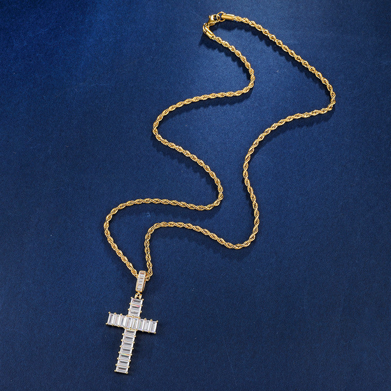 AAA Baguette Stone Prong Set Medium Flooded Ice Hip Hop Cross Pendant
