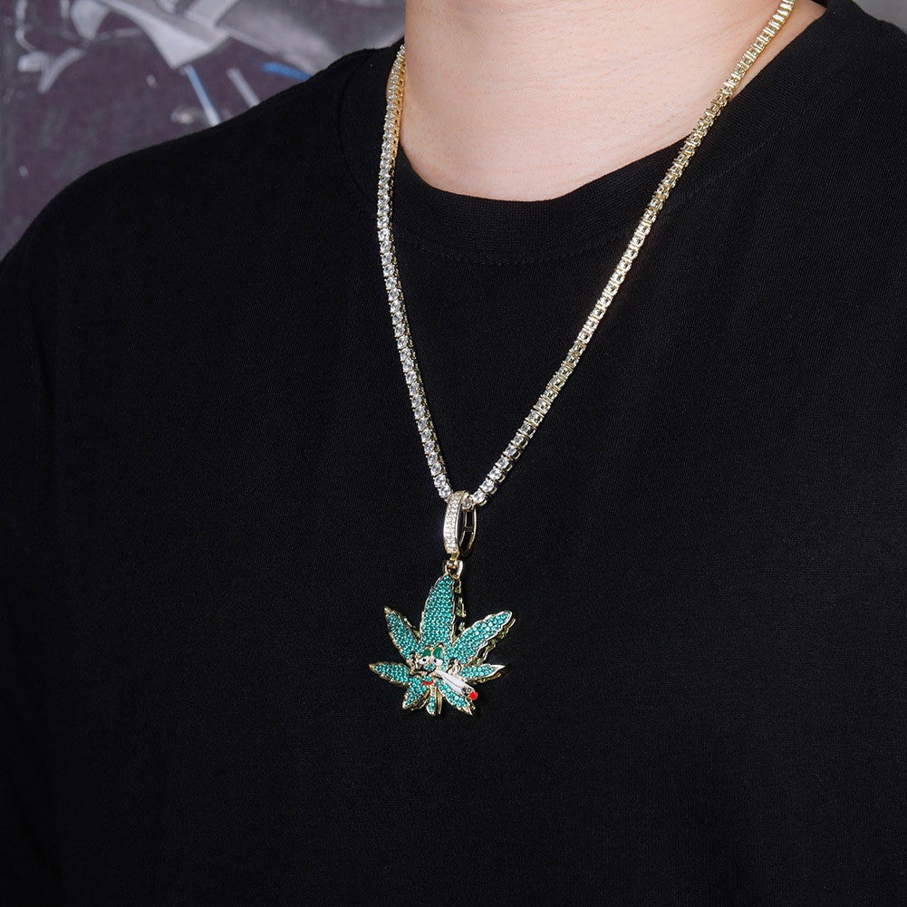 Flooded Ice Green Smoking Leaf Hip Hop Weed Pendant Bling Chain Necklace